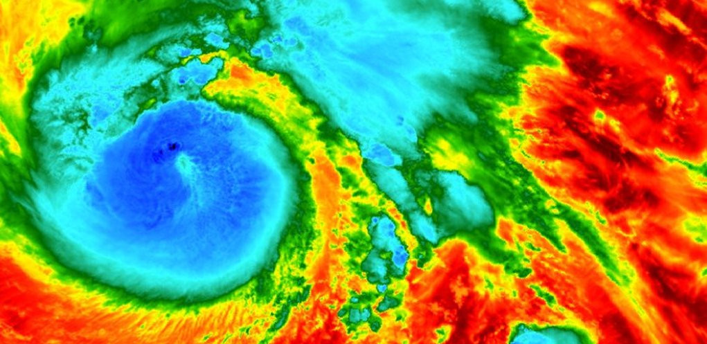 The Eye of Category 5 Hurricane Irma in August 2017, as seen by Copernicus Sentinel-3 (Source: European Union. Contains Sentinel data 2018, processed by the Copernicus Support Office)