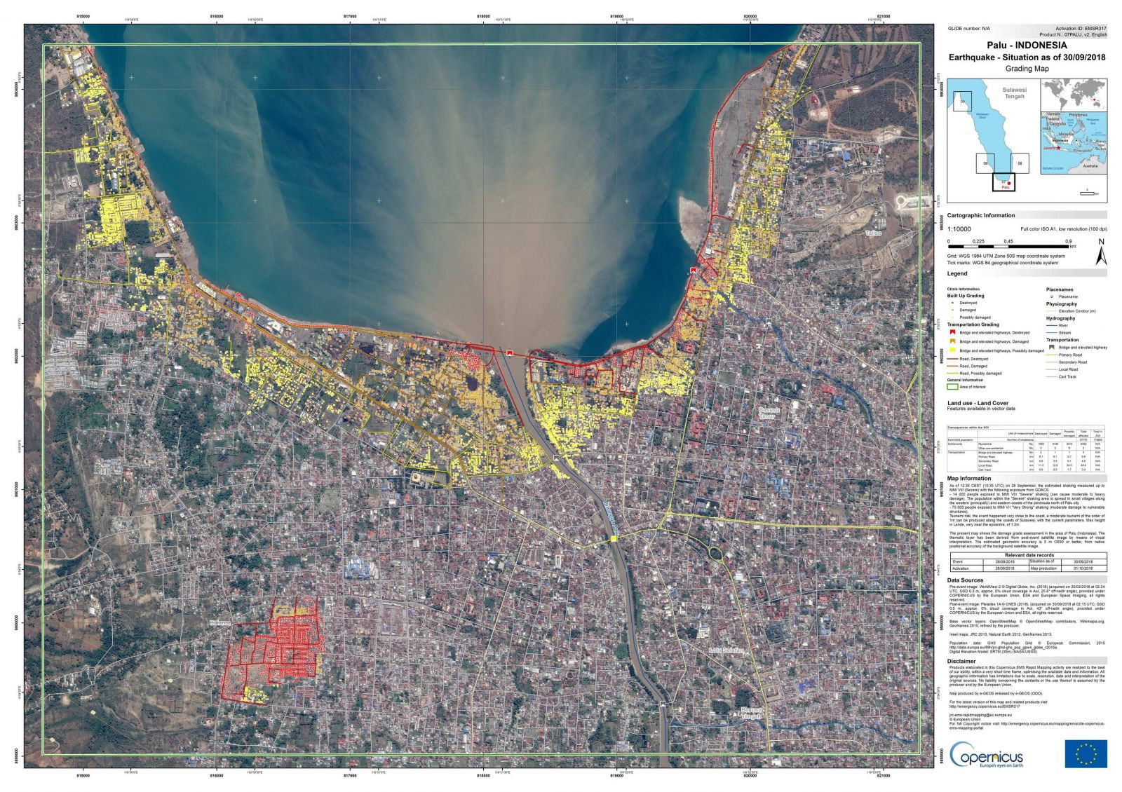 2018 October earthquake and tsunami in Indonesia: grading map of Palu city show that almost over 37,000 people, 10,000 buildings and other infrastructure were affected (Copernicus EMS © 2018 EU, [EMSR317] Palu: Grading Map)