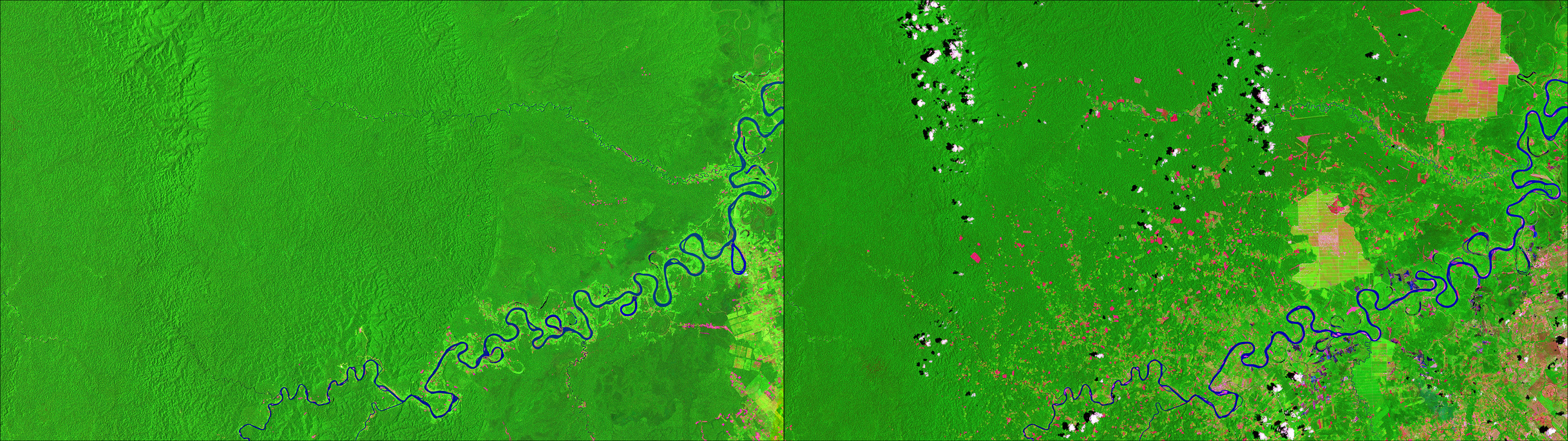Photos: Deforestation near Pucallpa, Peruvian Amazon, November 13, 1986 (left) - October 30, 2016 (Right). Source: U.S. Geological Survey (USGS) Landsat Missions Gallery: "Monitoring Deforestation in the Amazon"; U.S. Department of the Interior / USGS and NASA.