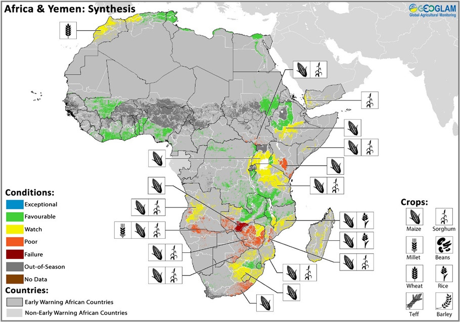 The CM4EW crop conditions for Africa as of March 28th  2019. Published in the CM4EW April report (Archives of monthly report can be found at www.cropmonitor.org)