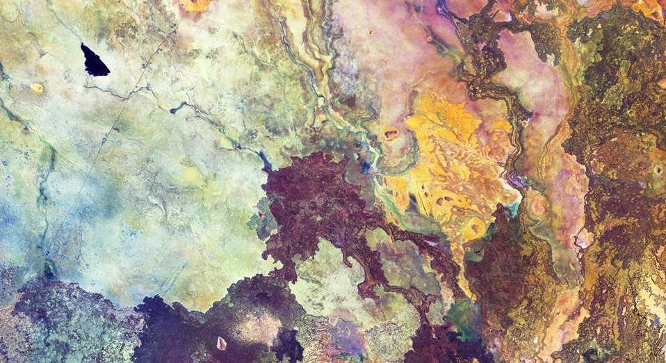 False-colour image of Northern Kenya processed to highlight different types of rock, soil and sand. Contains modified Copernicus Sentinel data (2018), processed by ESA, CC BY-SA 3.0 IGO