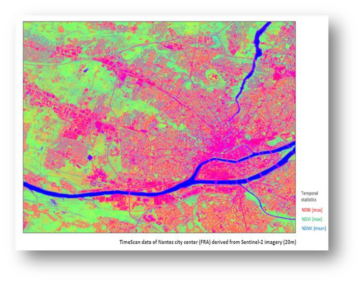TimeScan data in Nantes derived from Sentinel 2 (20 m resolution), provides temporal statistics about Normal Difference Vegetation Index (NDVI), Normal Difference Built-up Index (NDBI) and Normal Difference Water Index (NDWI) meant to derive information about urban energy modeling.