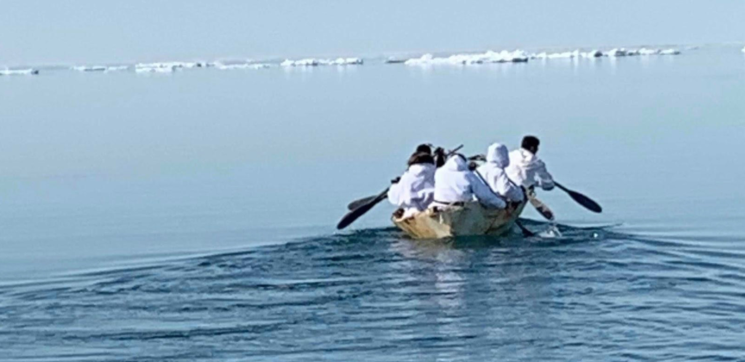 Gordon Iakyuak Brower’s whaling crew paddling their umiaq/seal skin boat out on the open water near the Arctic coastal village of Utqiaġvik, Alaska. Photo: Courtesy of Gordon Ikayuak Brower