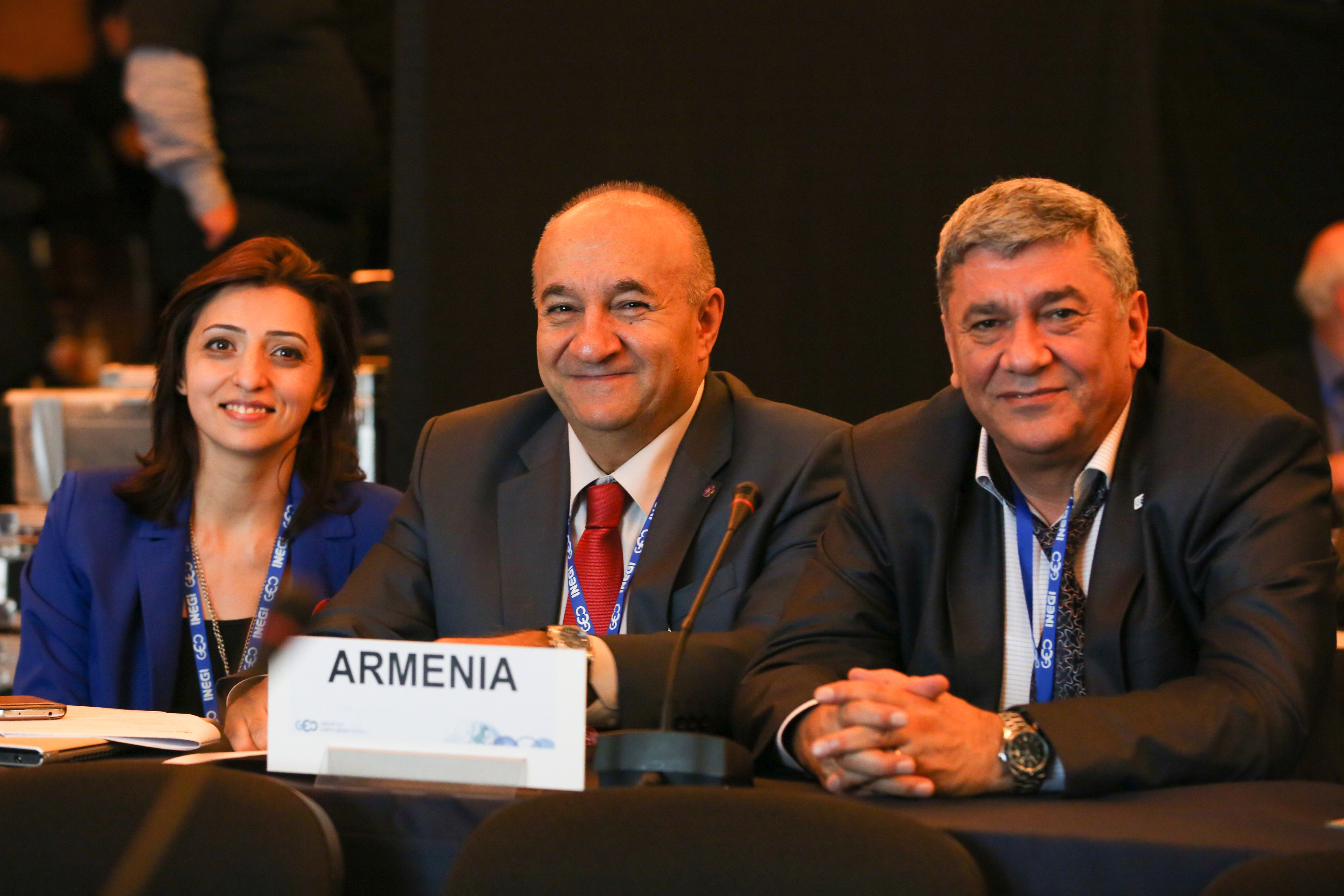 (L-R) Shushanik Asmaryan (Head of the GIS and Remote Sensing Department of the Center for Ecological-Noosphere Studies [CENS]), Professor Armen Saghatelyan (CENS Director and GEO Principal) and Professor Samvel Haroutiunian (Chairman of the State Committee of Sciences of the Ministry of Education and Science of Armenia) at the 2015 GEO Ministerial in Mexico City, Mexico