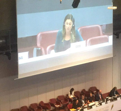 Theadora Mills, Communications Officer at the Group on Earth Observations Secretariat, reads a statement from the GEO Secretariat to the Plenary on November 28, 2019.