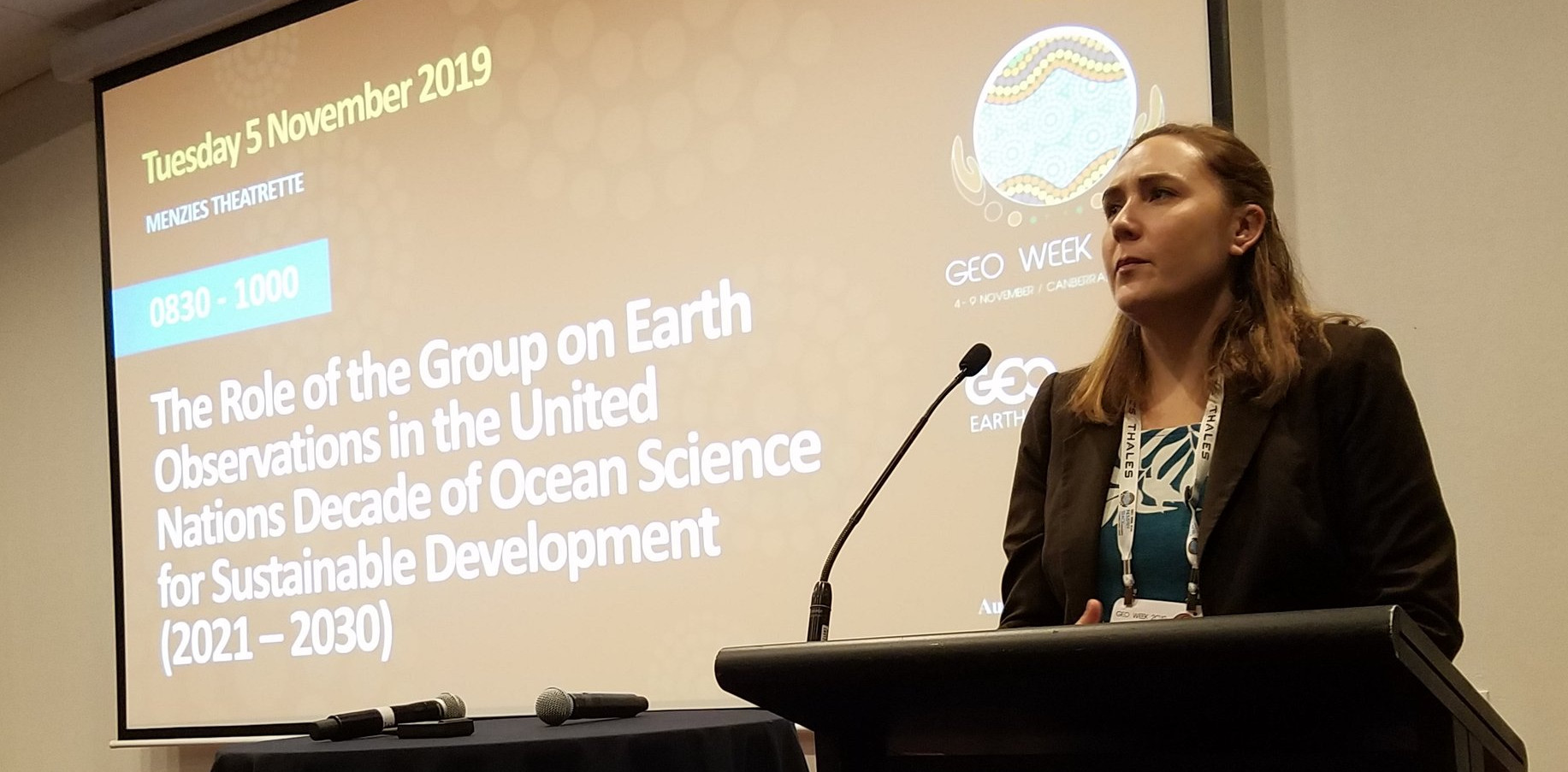 Dr. Emily Smail (GEO Blue Planet/NOAA/UMD) presents ideas for the role of GEO in the UN Decade of Ocean Science for Sustainable Development at GEO Week 2019 side event.