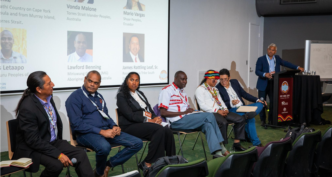 James Rattling Leaf Sr. joins Indigenous leaders from around the world for a panel discussion during GEO Week 2019 in Canberra, Australia.