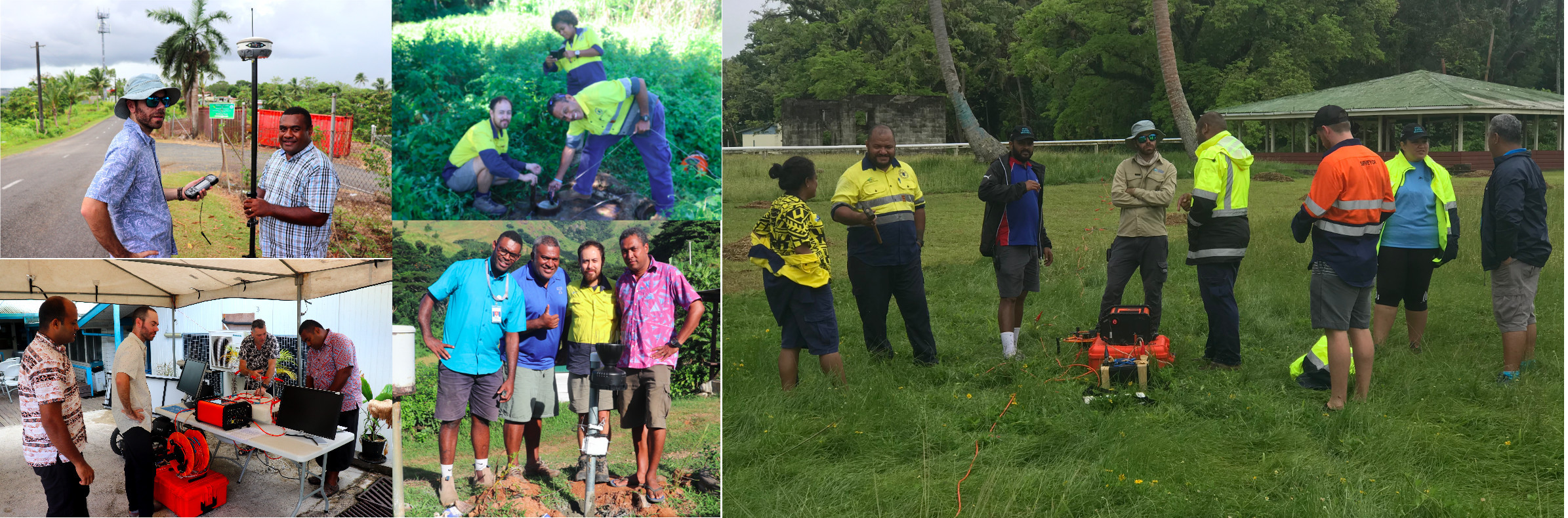 These pictures show Water Resources team members undertaking a RTK test survey; Preparing for a showcase at GEM-SPC; Working in the field with the Mineral Resources Department, Fiji and local stakeholders and working with the  with Mineral Resources Department, Fiji conducting electrical resistivity methodology