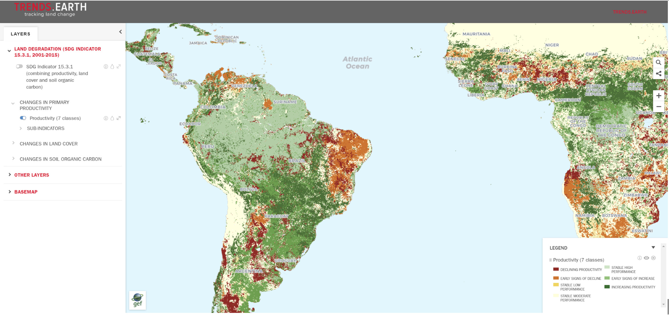 Image from Trends.Earth Resilience Atlas. Trends.Earth currently allows users to assess land degradation using desktop software. With the help of Google Earth Engine, we will produce a cloud-based web platform that will make the analysis more dynamic and relevant at local scales through the use of Landsat and Sentinel data.