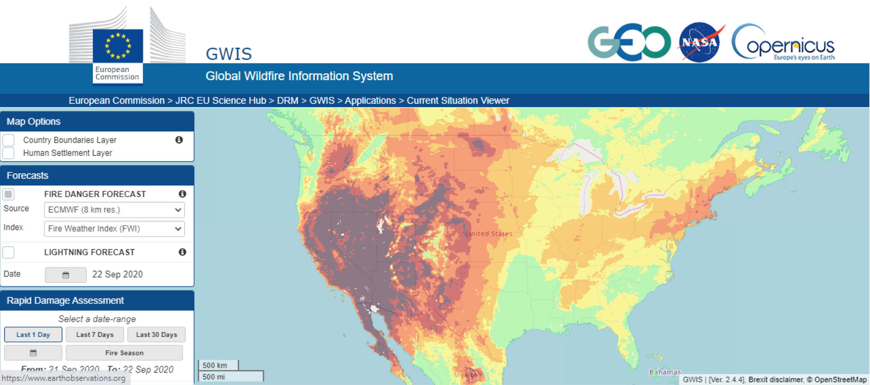 Image shows the Fire Danger Forecast in California and Oregon, USA from the Global Wildfire Information System (GWIS) as of September 22, 2020.