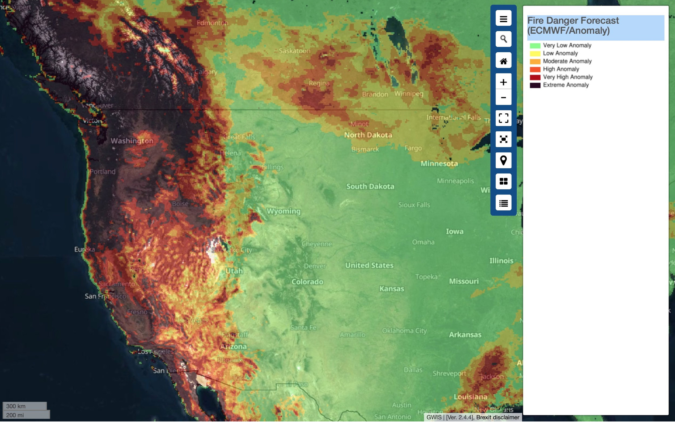 Image shows the anomaly rate and Fire Danger Forecast for wildfires in California and Oregon, USA, from the Global Wildfire Information System (GWIS) on 21 September 2020. Image via Copernicus EU.