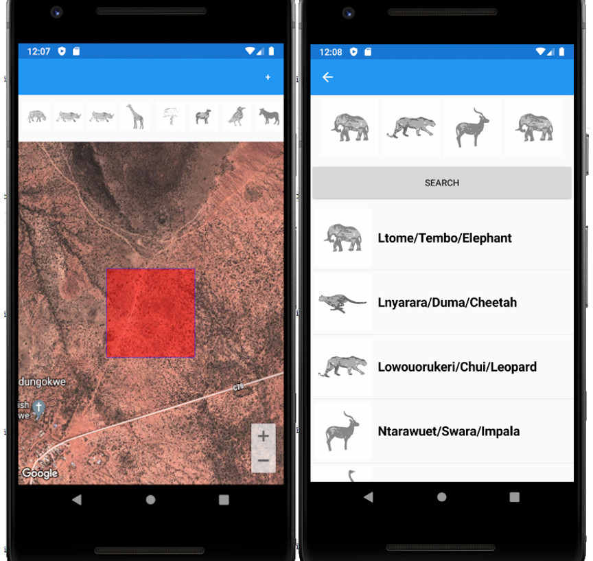 The screen on the left shows the interface of the app and the satellite imagery we decided to use from Google Earth’s API. The red square indicates a specific location which is translated into four symbols.The screen on the right illustrates the symbols in the app itself. As you can see they have Samburu, Swahili and English written names. Furthermore, if a user is unsure of what the symbol represents and he/she double taps on the symbol in question then an audio file with the name of the symbol would start, both in Samburu and Swahili languages.