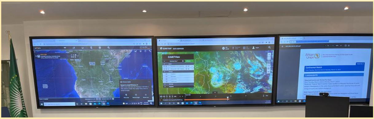 Figure 2: The three computer displays in the AMHEWAS Situation room displays the Glofas Platform (total precipitation), EUMETSAT (precipitation rate at ground) and a sample of Continental Watch.